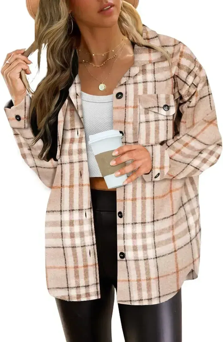 Womens Casual Plaid Shacket Button Down Long Sleeve Shirt