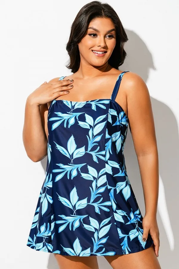 Blue Leaf Print Square Neckline Women Stylish Swimdress