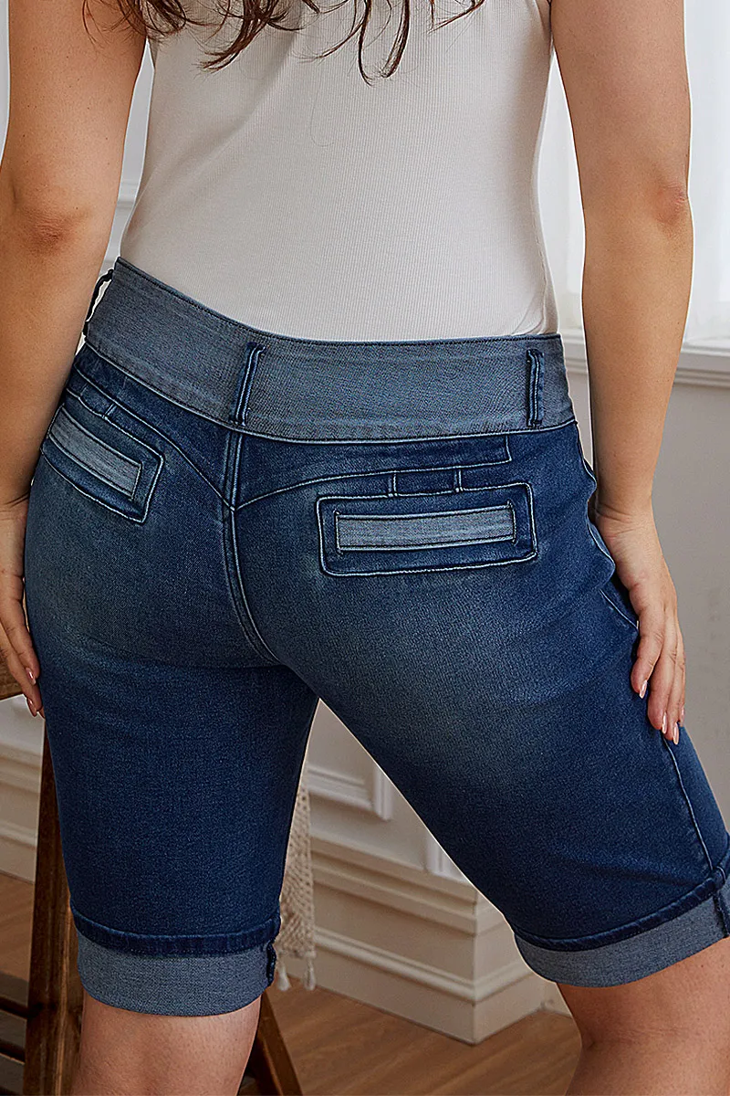 Two Tone Button Detail Ripped Roll Hem Mid Rise Denim Bermuda Shorts