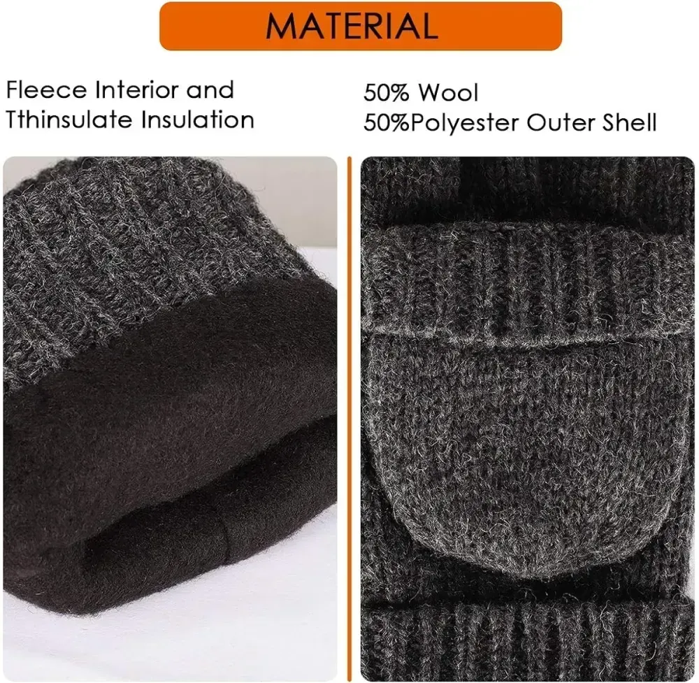 Bodvera Thermal Insulation Fingerless Texting Wool Gloves for Women and Men Winter Warm Knitted Convertible Mittens Flap