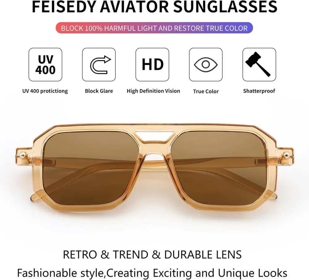 FEISEDY Vintage Square 70s Flat Aviator Sunglasses Women Men Classic Retro Stylish Frame UV400 Sunglasses B2622