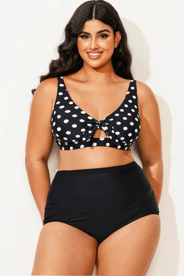 Polka Dot V neck Front Knot Bikini Top