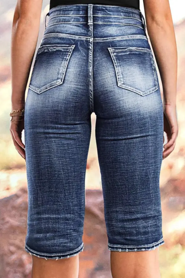 Wash Double Button Ripped High Rise Bermuda Denim Shorts
