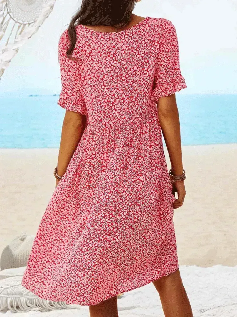 Floral Print Mid-length Casual Short-sleeved Shift Dress
