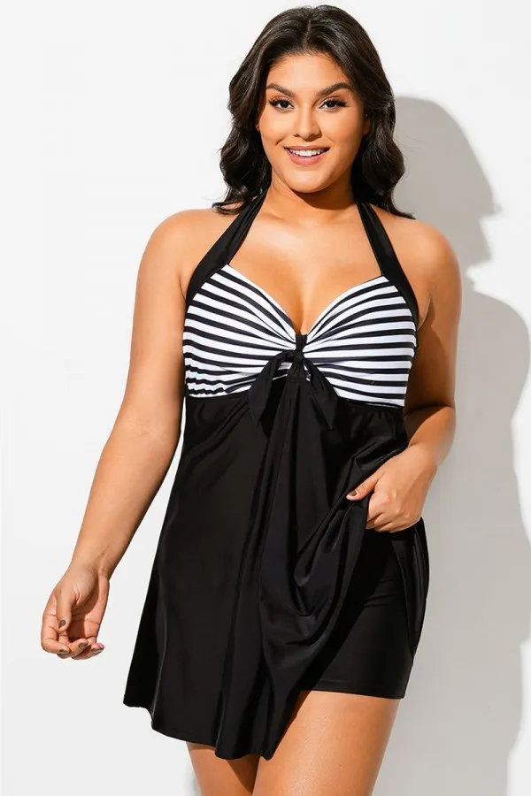 Black & White Stripe Halter Straps Women Swimdress