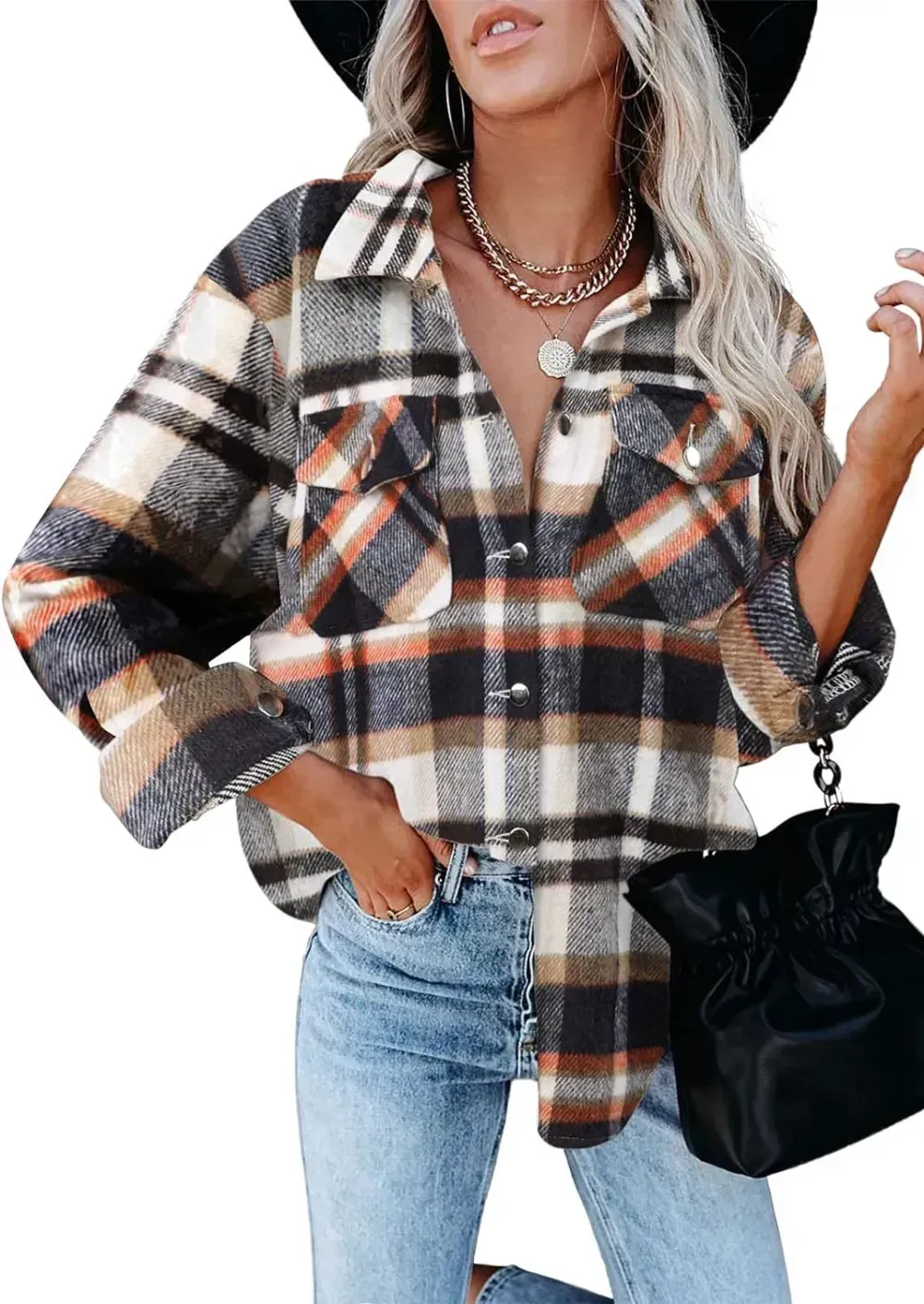 Womens Casual Plaid Shacket Button Down Long Sleeve Shirt