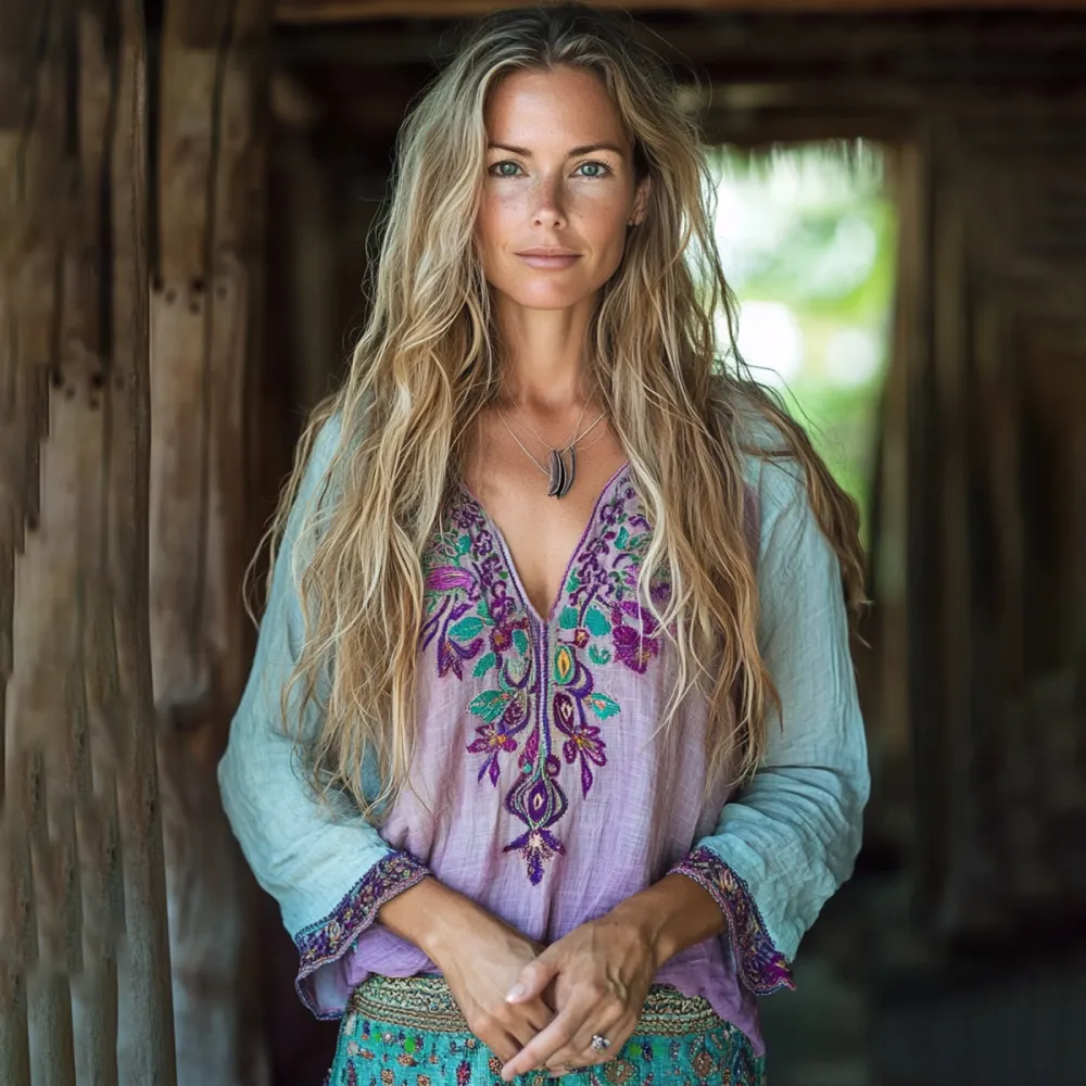 Boho Floral Tribal Embroidery Print Cotton And Linen Blend Loose Blouse
