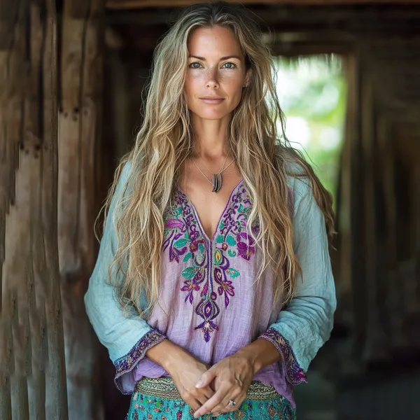 Boho Floral Tribal Embroidery Print Cotton And Linen Blend Loose Blouse