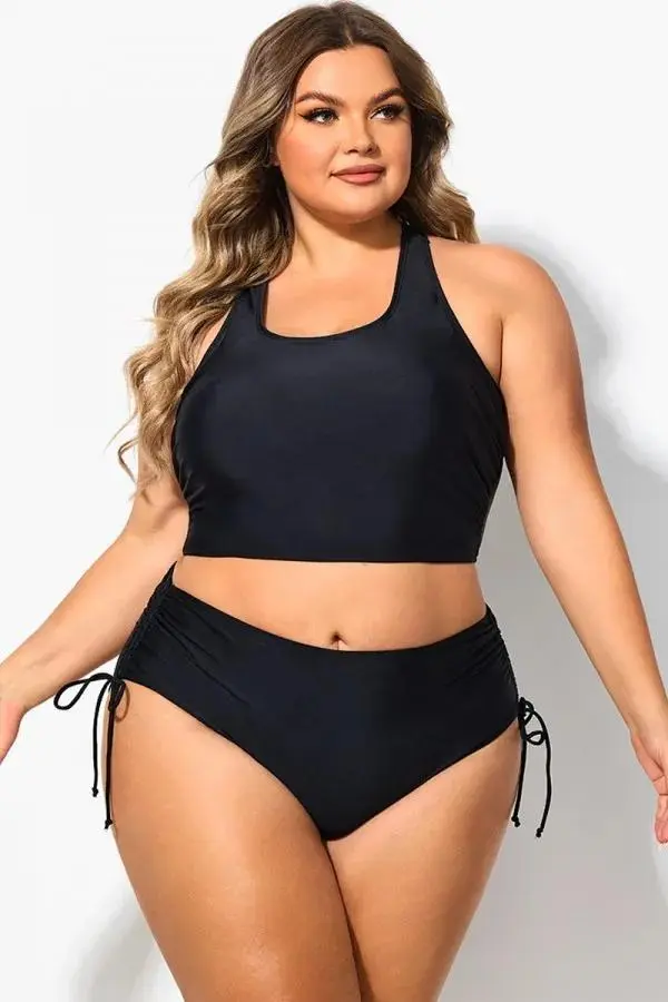 Black Scoop Neck Racerback Shirred Bikini Top
