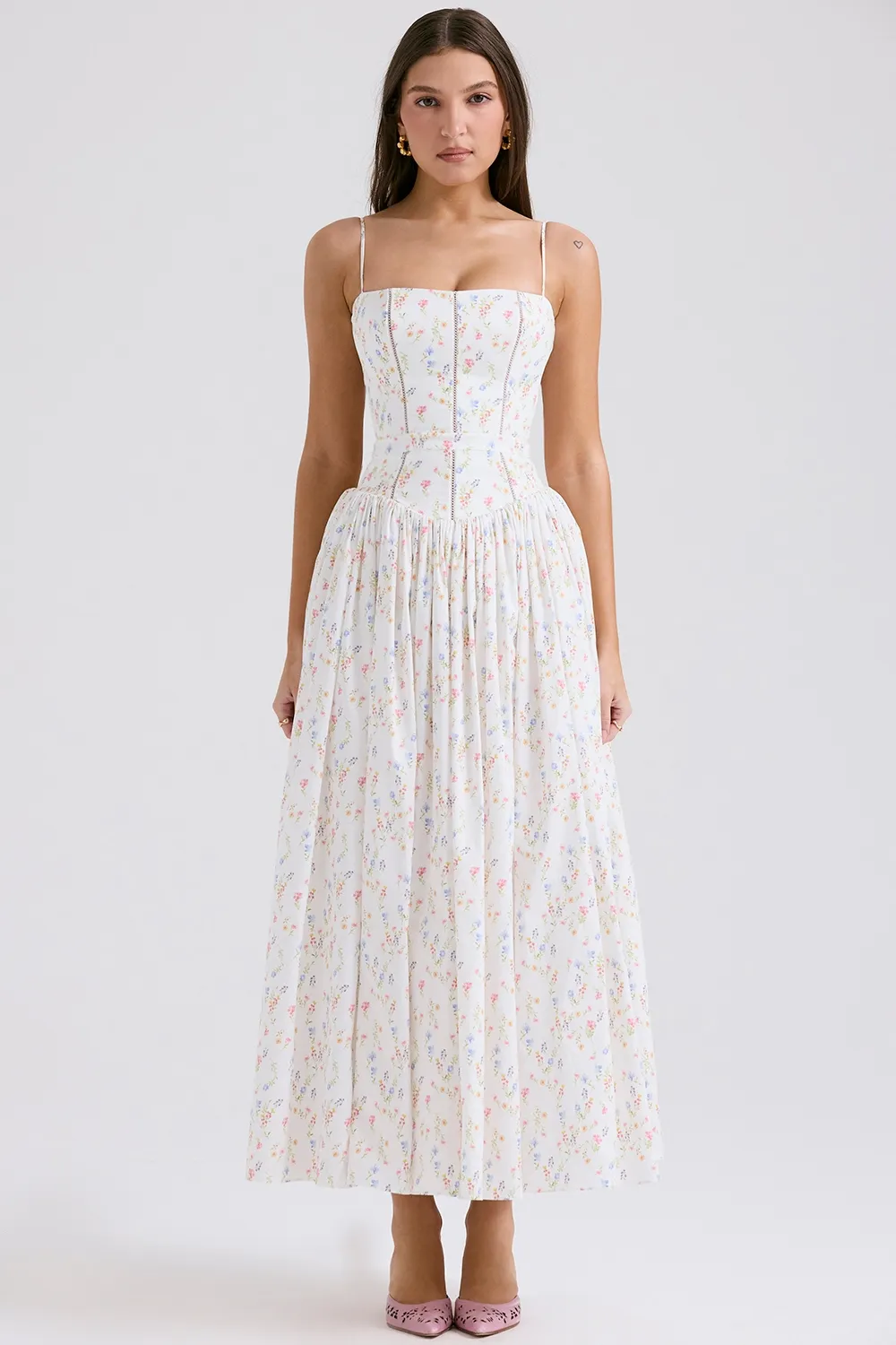Blue Daisy Print Stretch Cotton Midi Sundress