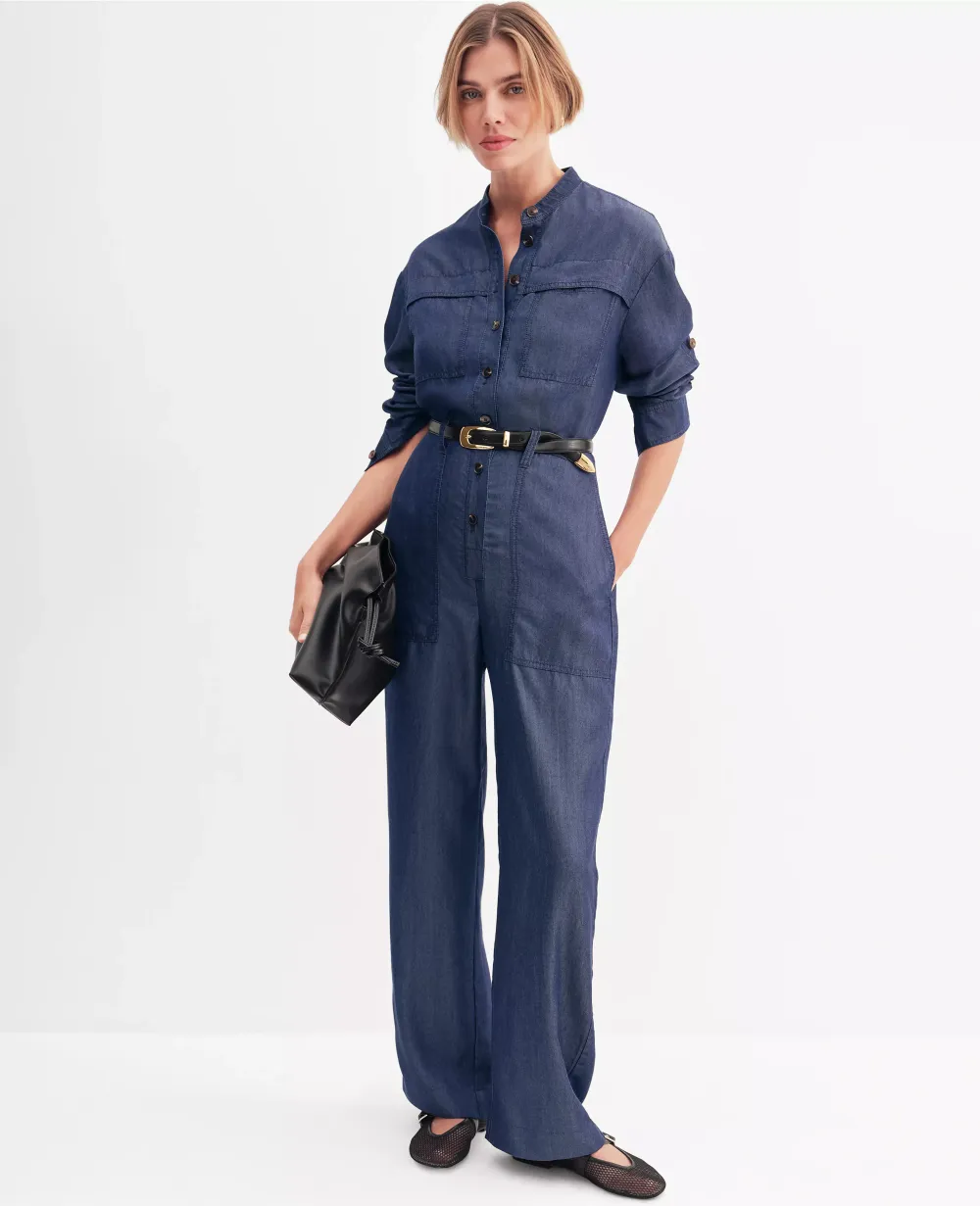 Weekend Collection Chambray Stand Collar Jumpsuit