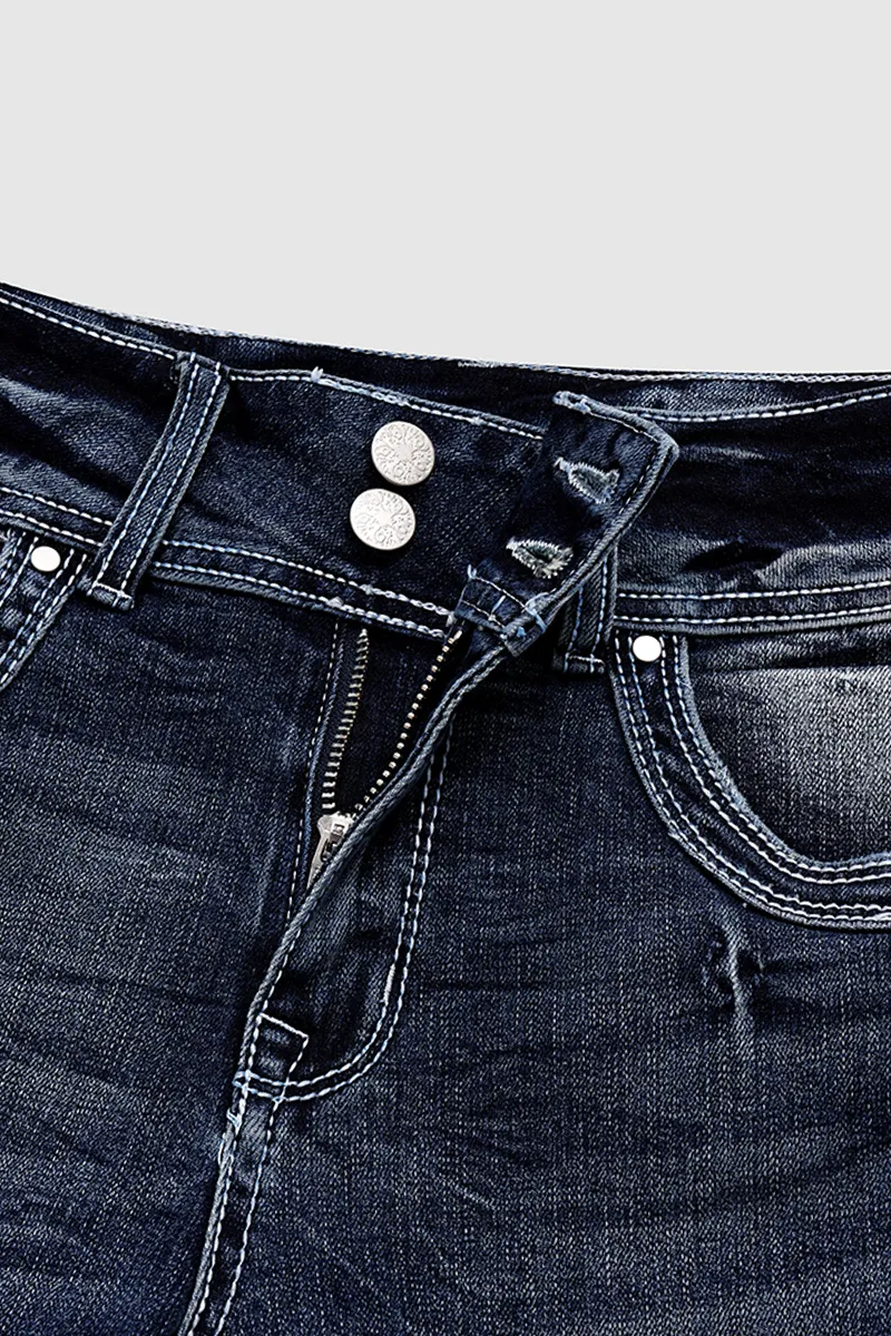 Double Button Ripped Roll Hem Mid Rise Denim Bermuda Shorts