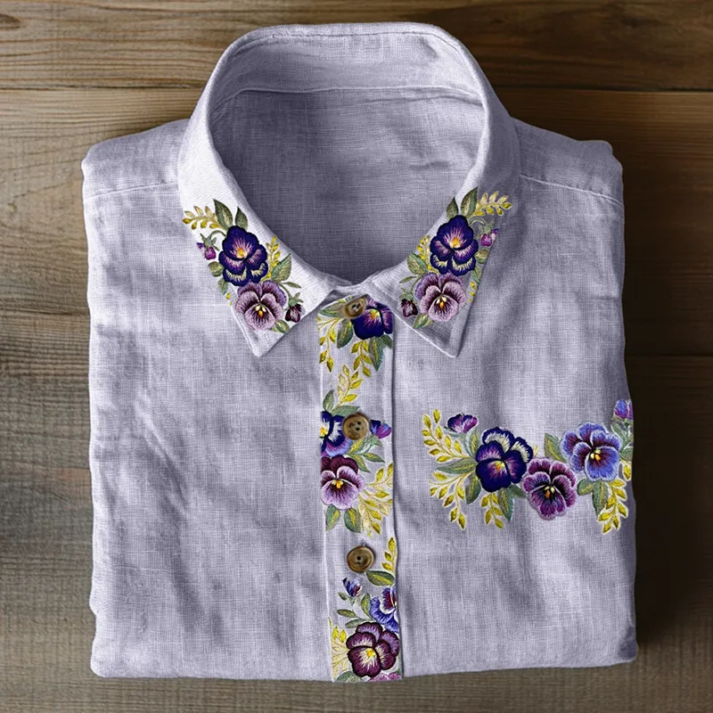 Classy Pansy Floral Embroidered Linen Blend Blouse