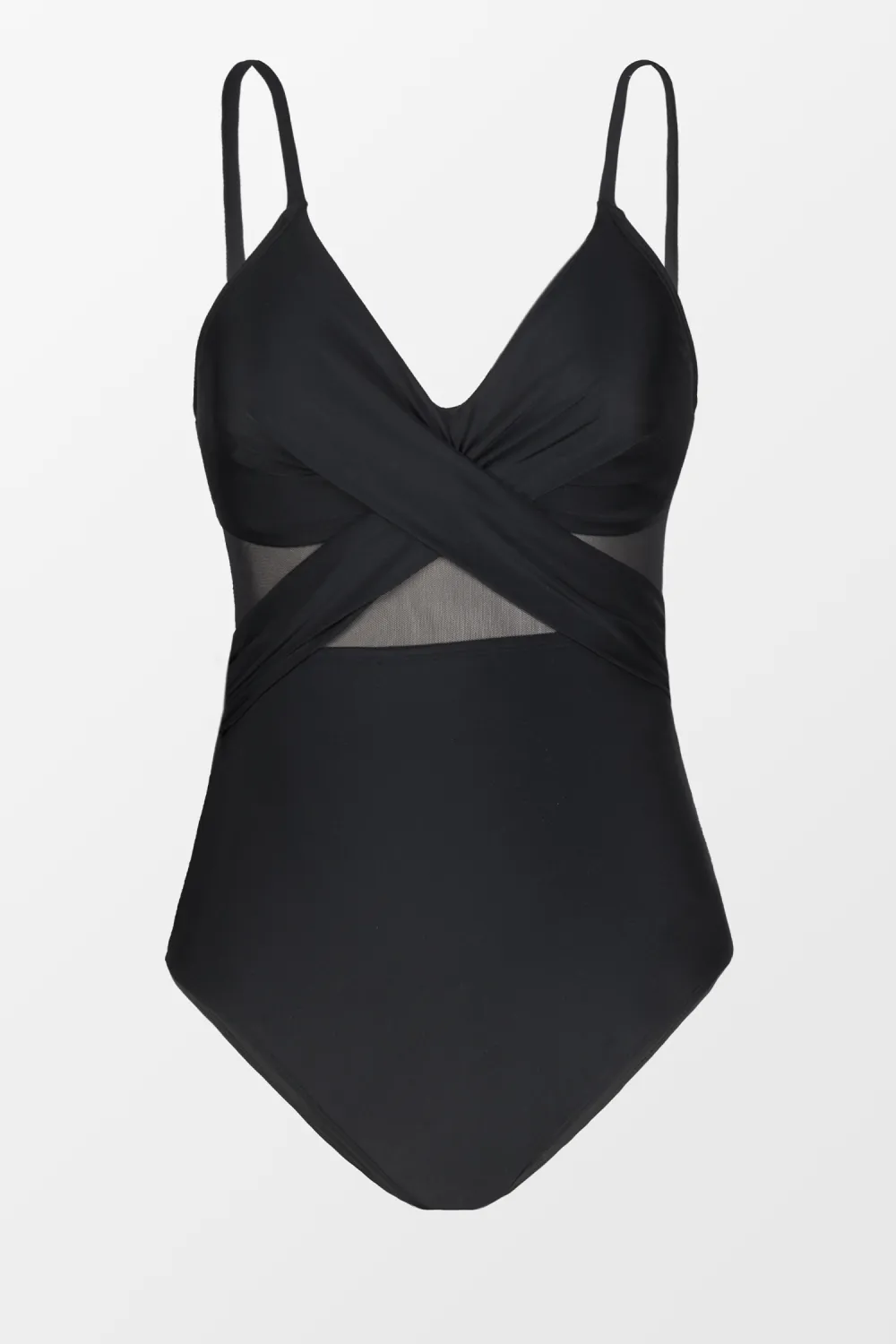 Solid Mesh Wrap Front Cutout Black One Piece Swimsuit