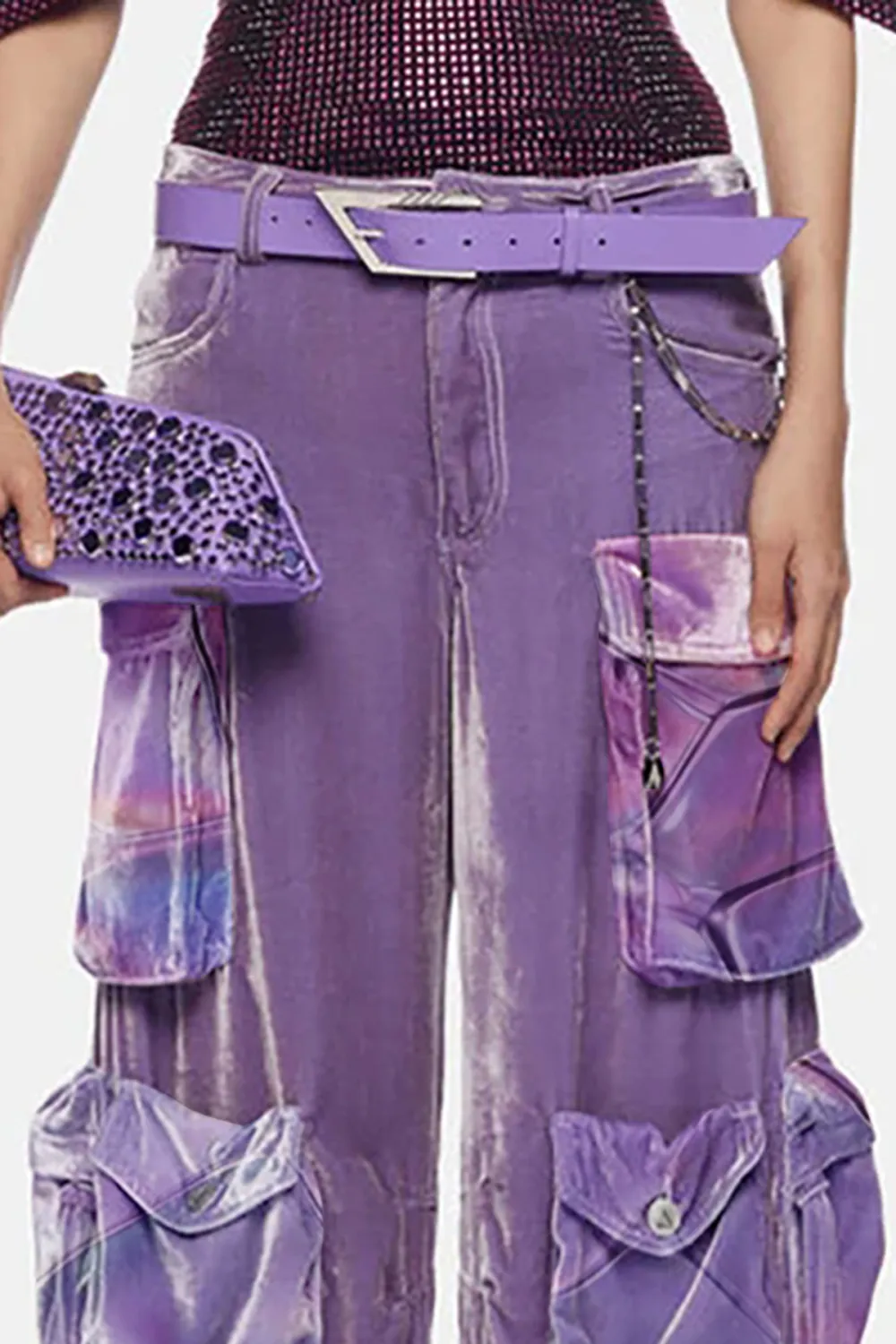 Street Style Solid Color Cargo Pocket Low Rise Wide Leg Velvet Pants