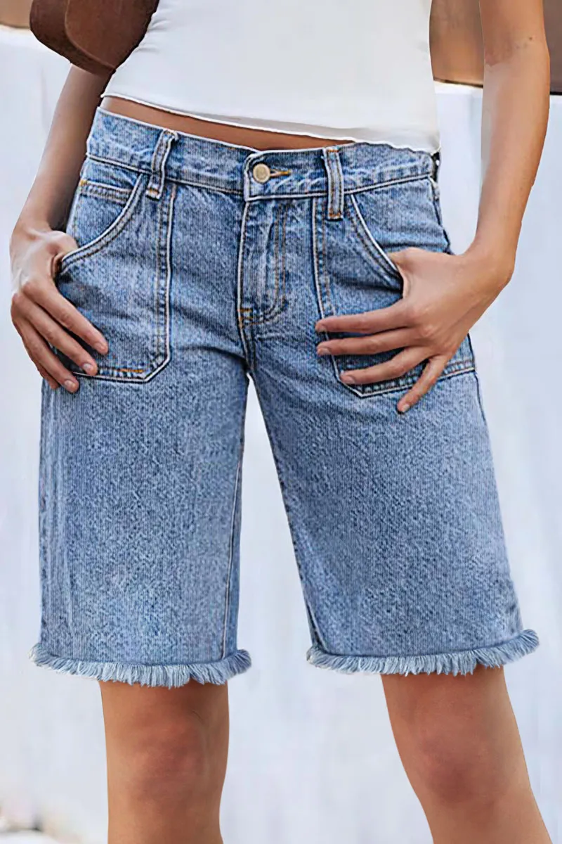 Wash Raw Hem Flap Pocket Mid Rise Straight Leg Denim Bermuda Shorts