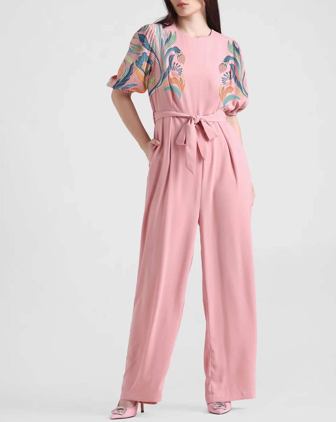 Pink Short Sleeve Floral Embroidered Belted Jumpsuit