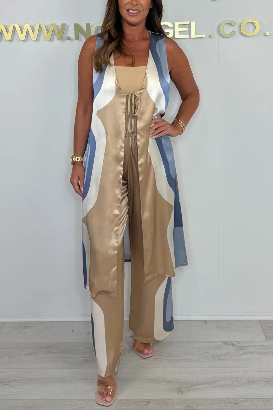 Women'S Satin Contrasting Color Casual Long Top And Pants Two-Piece Set