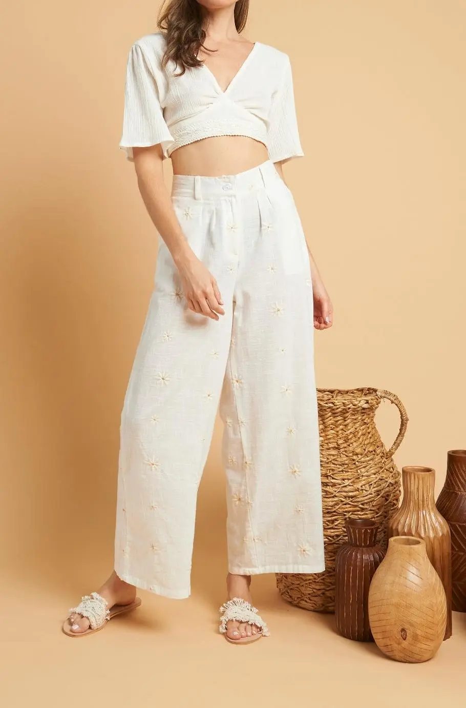 White Embroidered Crop Top And Pants Set