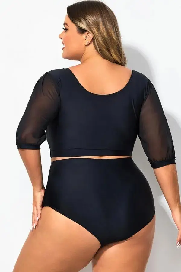 Square Neck Short Mesh Puff Sleeve Bikini Top