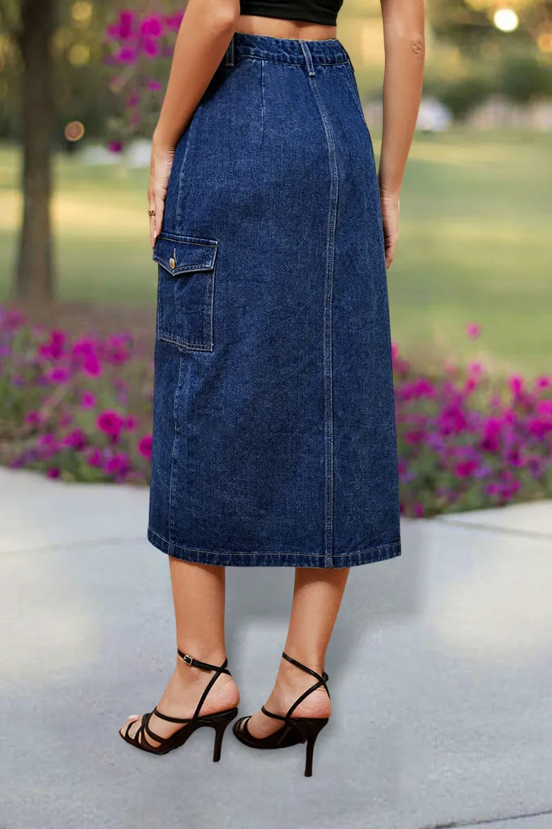 Button Fly Split Mid Waist Midi Denim Skirt