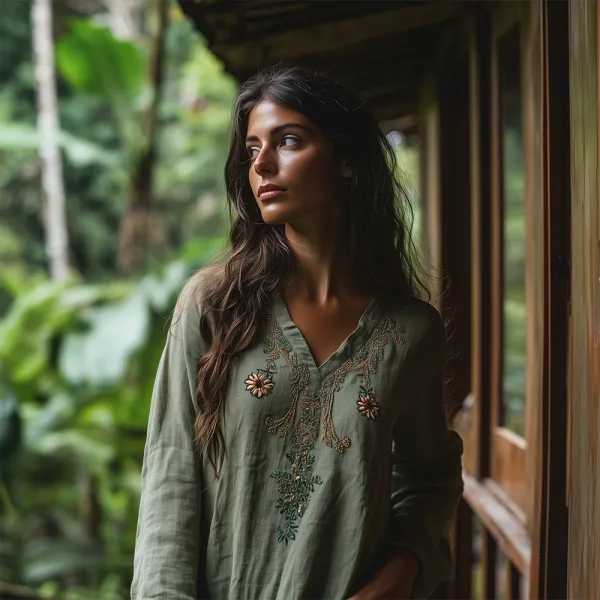 Vintage Bohemian Embroidered Linen V-neck Shirt