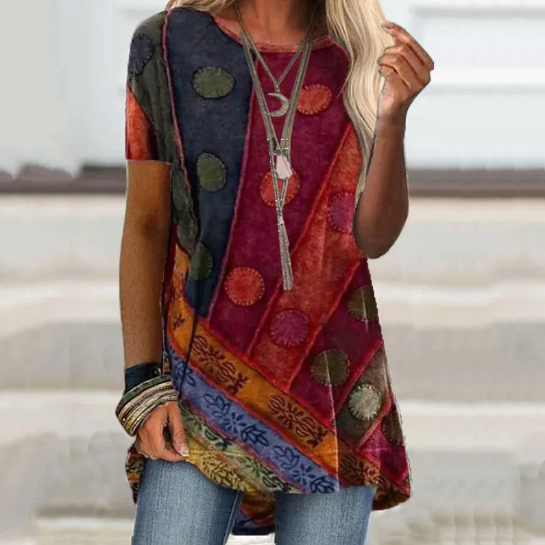 Round Neck Retro Print Casual Short-sleeved T-shirt