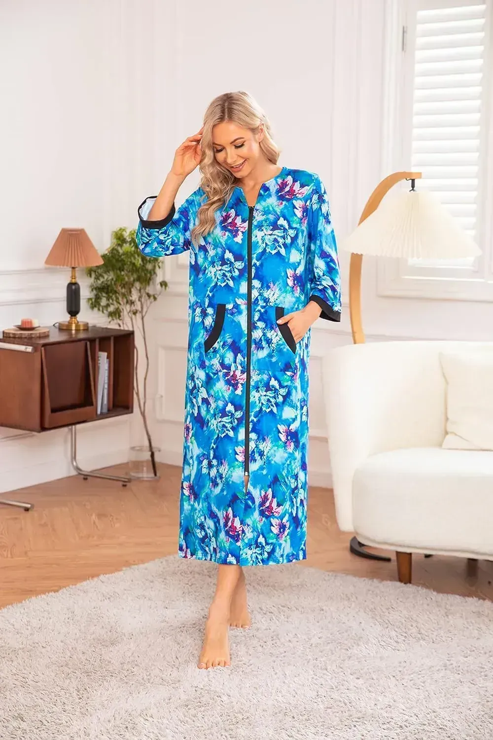 Women Zipper Robe 3/4 Sleeves Loungewear Dress Full Length Sleepwear Pockets Housecoat Nightgown Long Bathrobe