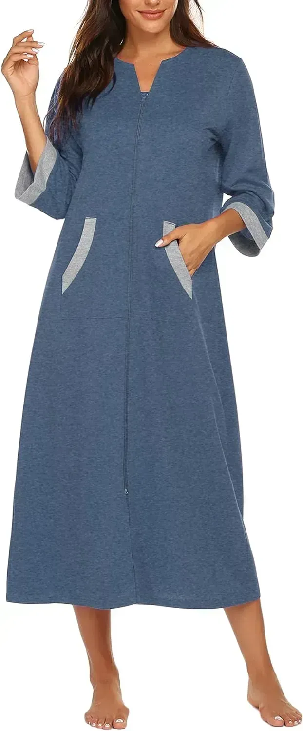 Women Zipper Robe 3/4 Sleeves Loungewear Dress Full Length Sleepwear Pockets Housecoat Nightgown Long Bathrobe