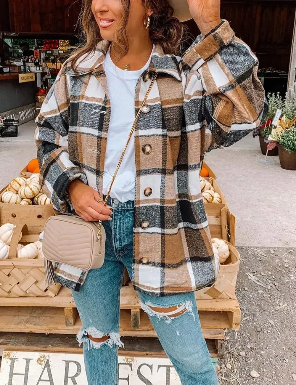 Womens Casual Plaid Shacket Button Down Long Sleeve Shirt