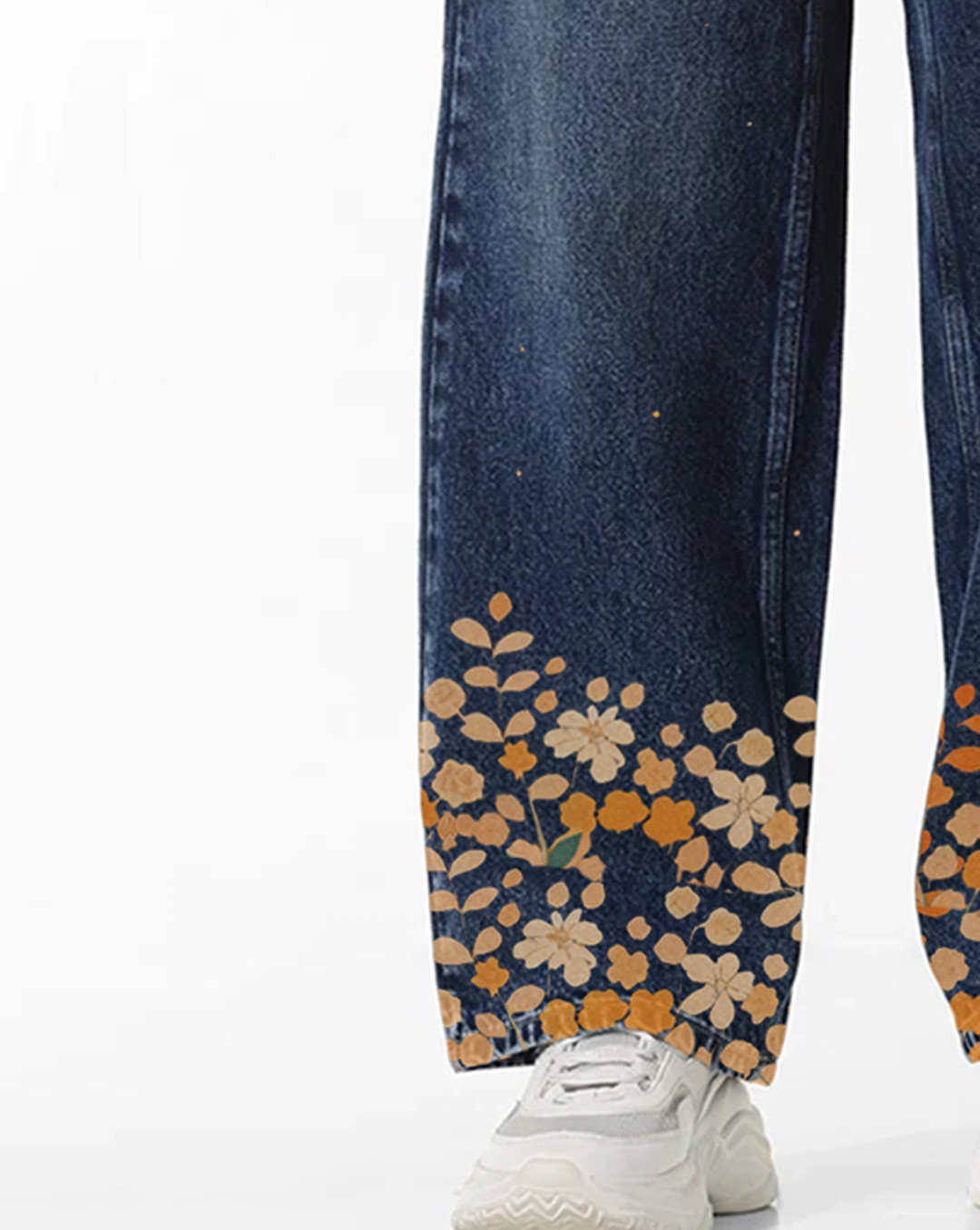 Dark Blue High Rise Carpenter Jeans with Orange Floral Hem