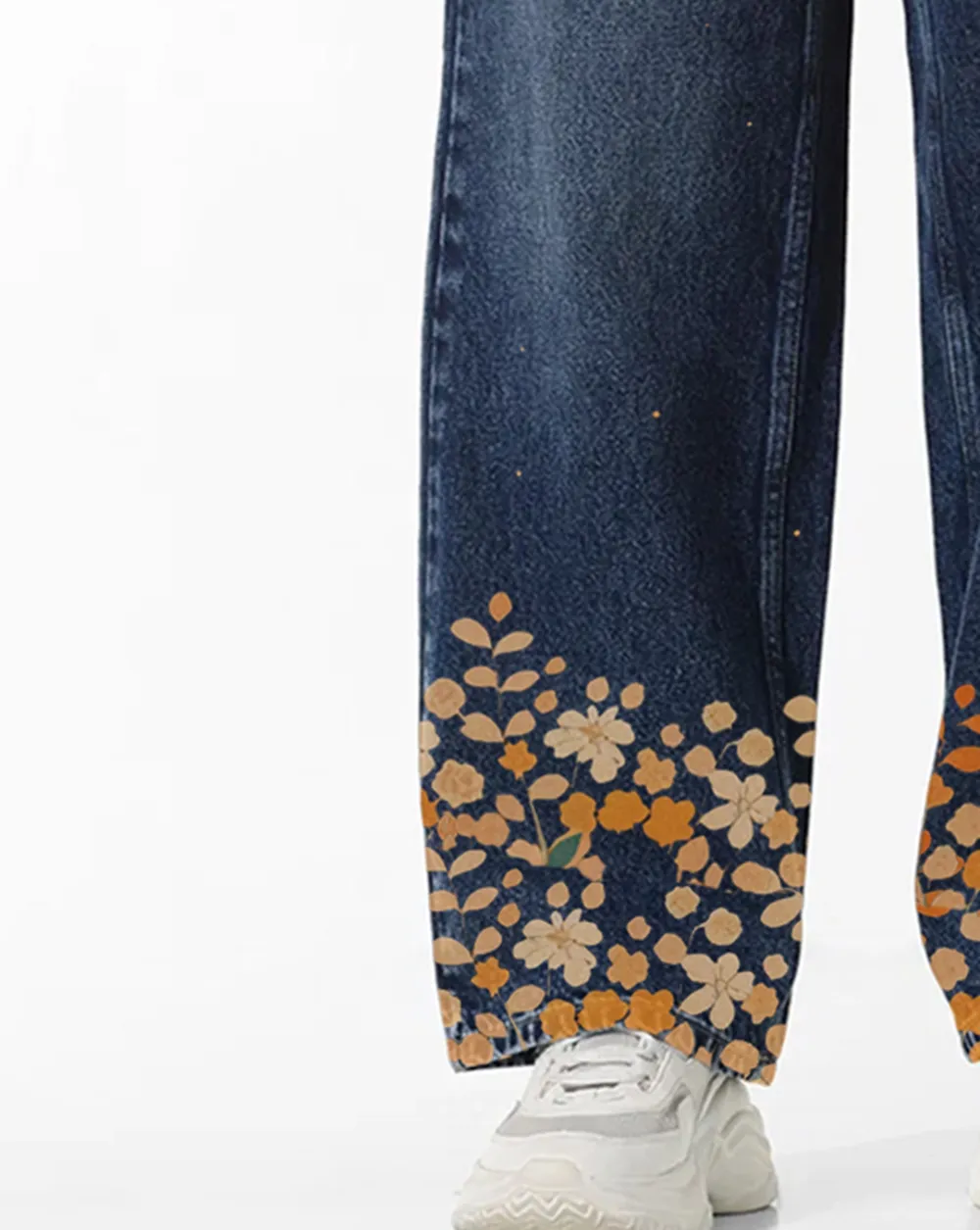 Dark Blue High Rise Carpenter Jeans with Orange Floral Hem