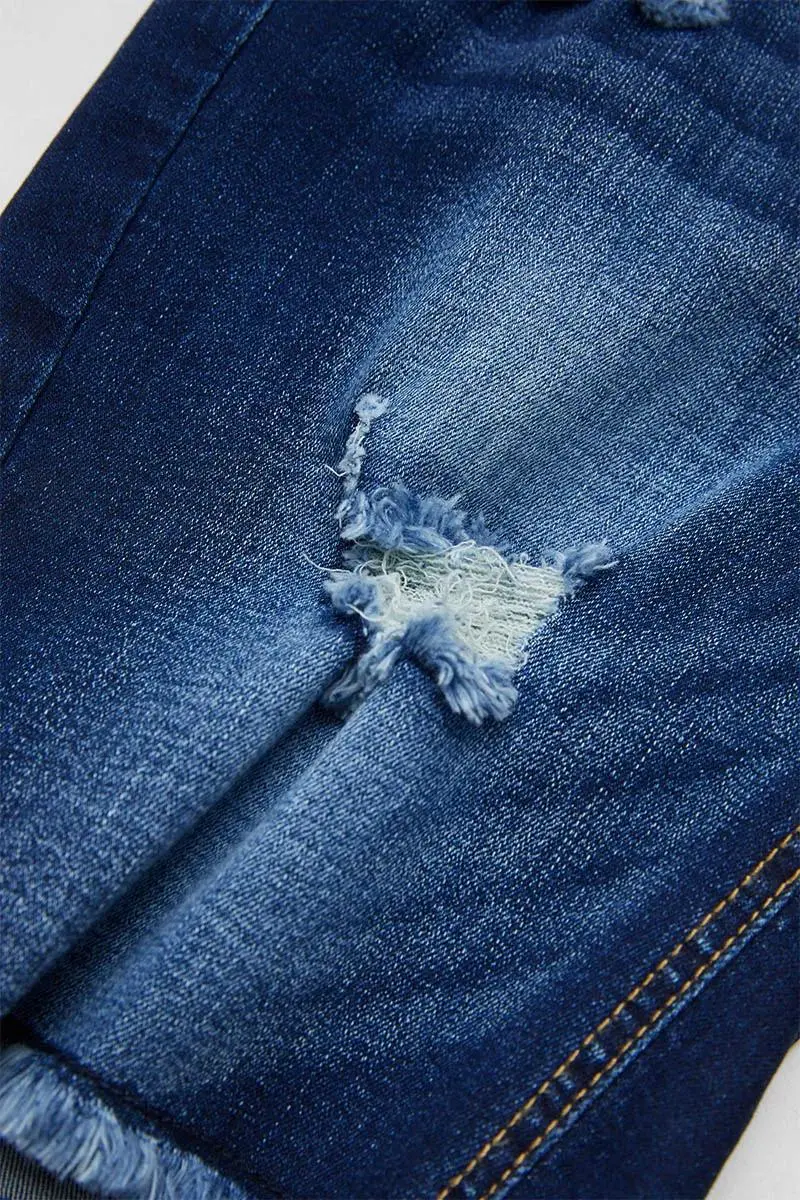Ripped Raw Hem Mid Waist Denim Mid Thigh Shorts