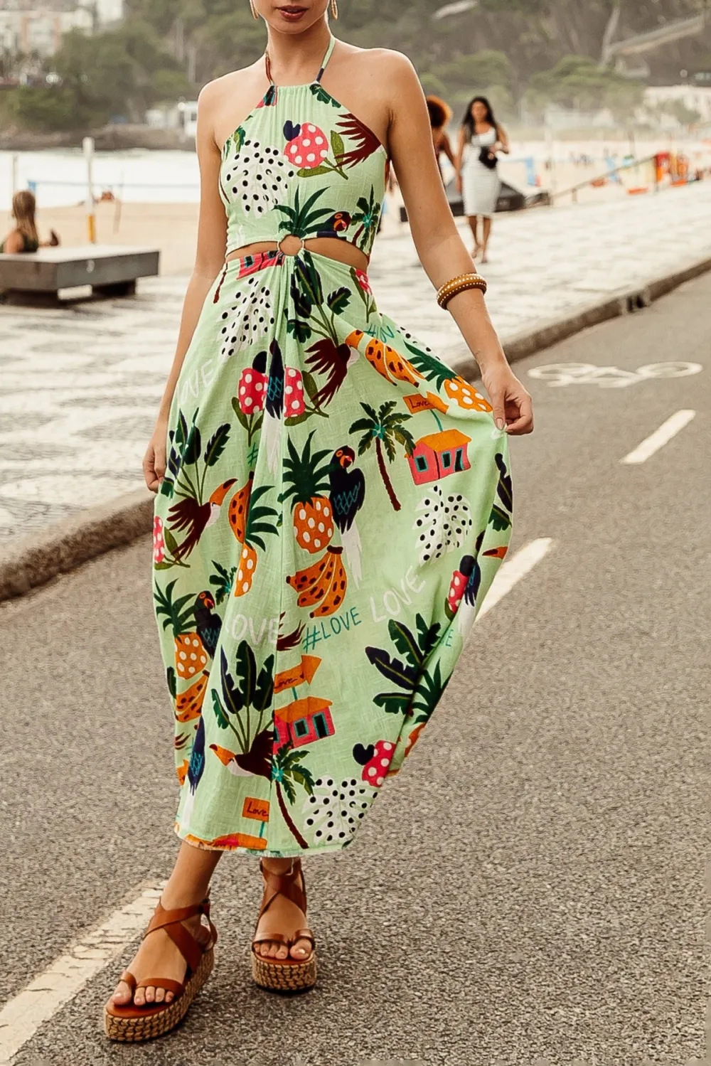 Green Tropical Print Belted Maxi Dress