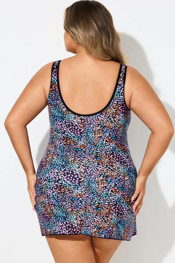Multi Abstract Print Mesh High Neck Swimdress