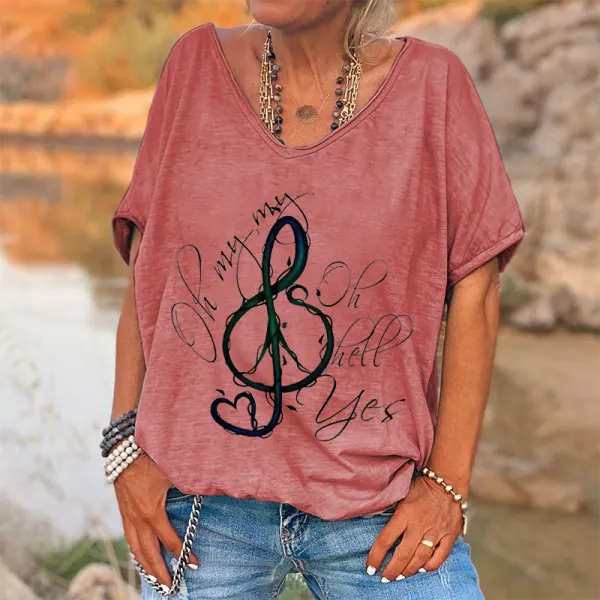 Musical Symbol Printed Basic T-shirt For Women