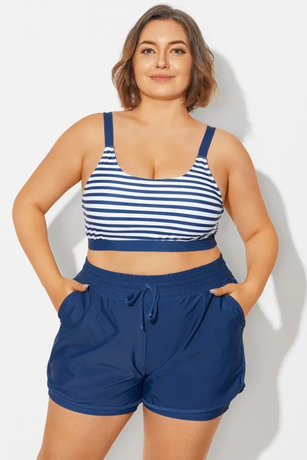 Plus Size Green Check Pinstripe Bikini Top