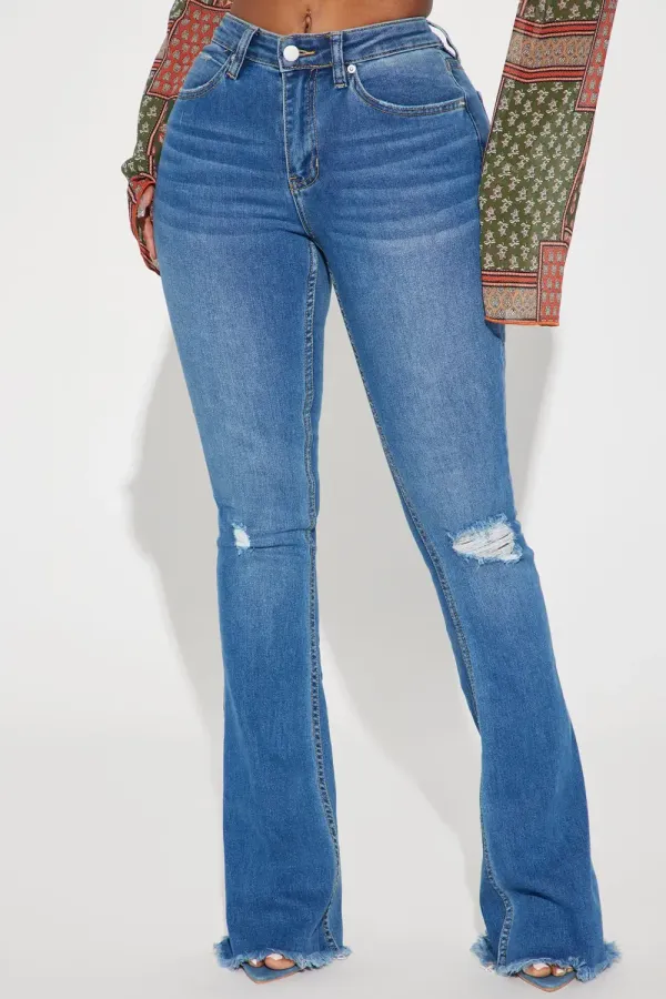 Really Rowdy Ripped Stretch Flare Jeans - Medium Wash