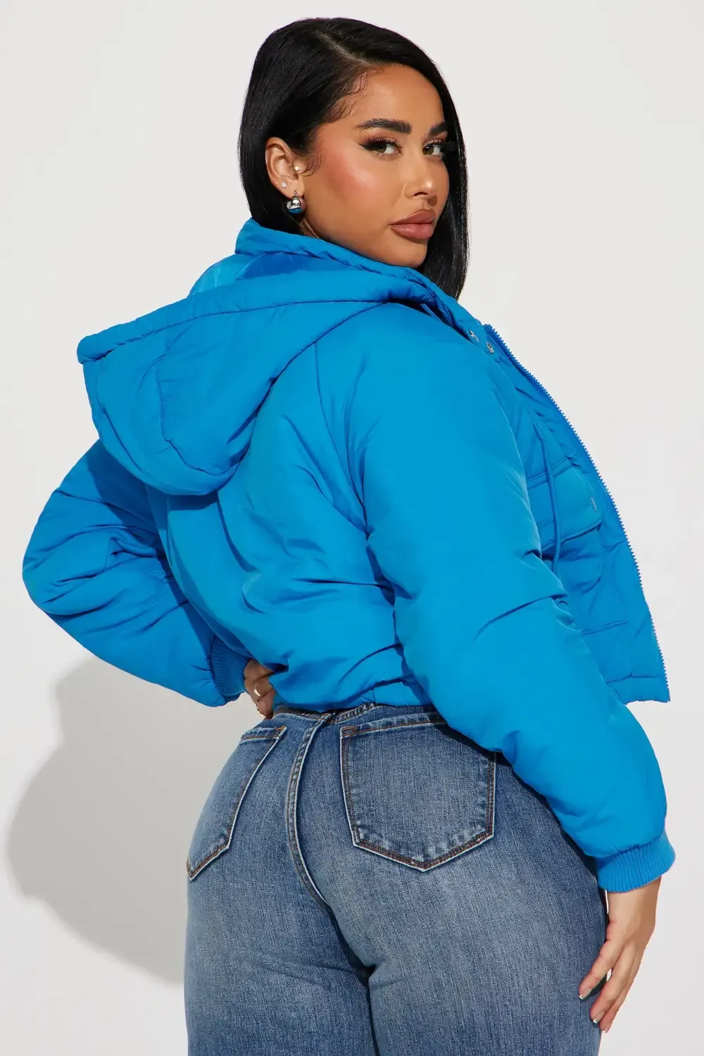 Giving You The Cold Shoulder Puffer Jacket - Aqua
