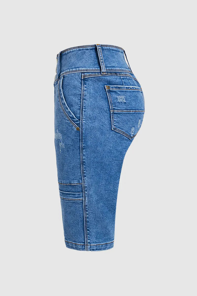 Wash Seam Front Button Fly High Rise Denim Bermuda Shorts