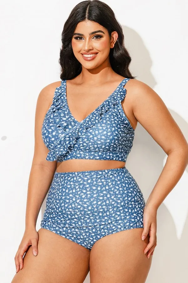 Plus Size Floral Print With Frill Details Elegant Bikini Top