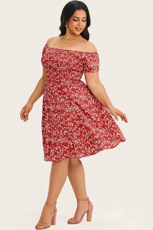 Super Soft Off-Shoulder Raspberry Print Midi Dress