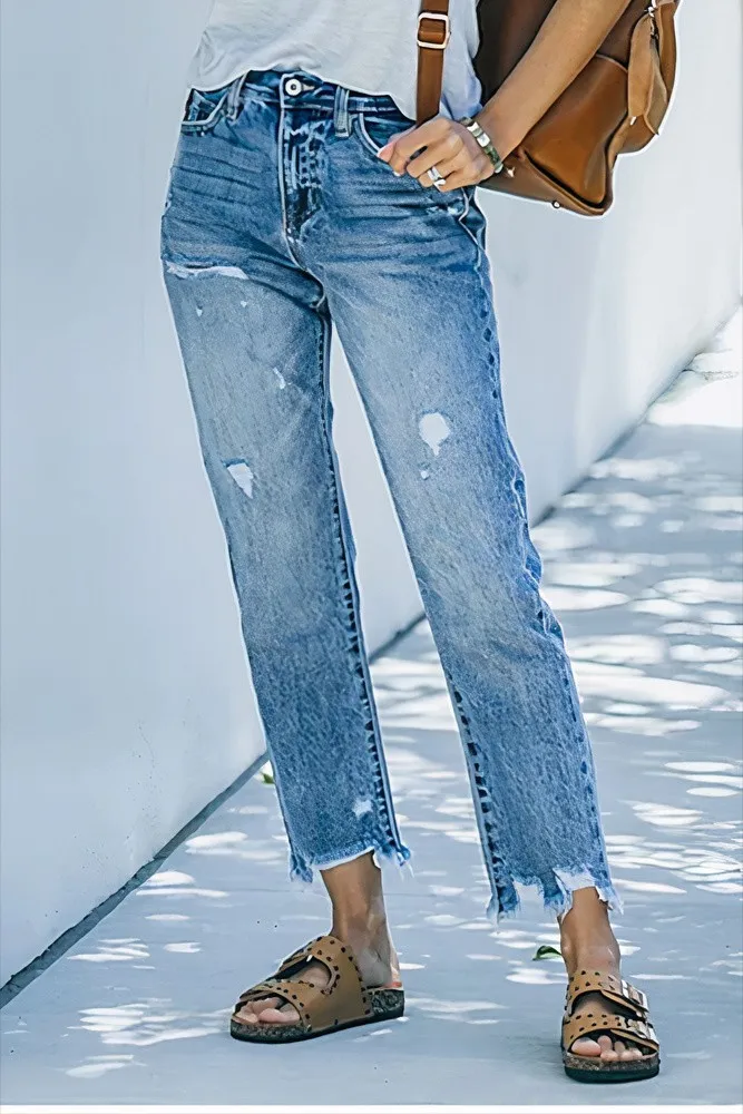 Ripped Raw Hem Mid Rise Straight Leg Cropped Jeans