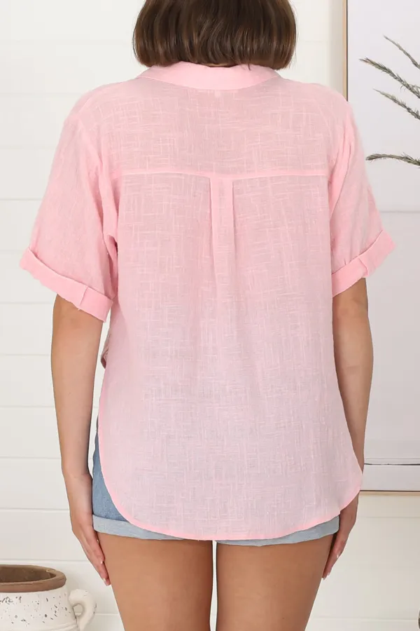 Pink Linen Short Sleeve Button Down Shirt