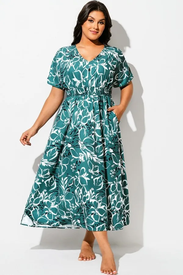 Green V-Neck Sleeves Maxi Cover Up Dress