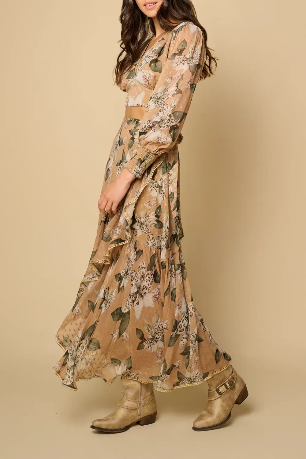 Tan And Brown Botanical Print Maxi Skirt