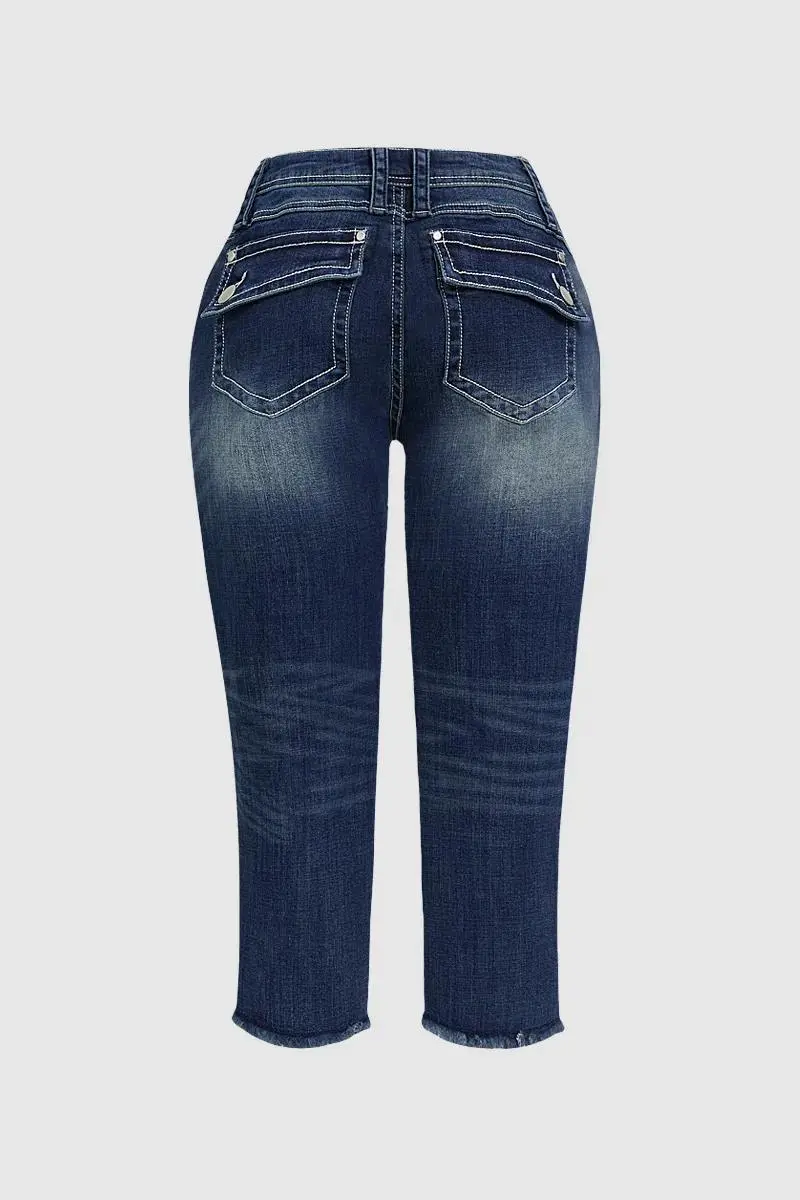 Ripped Raw Hem Wash High Stretch Low Waist Capri Jeans