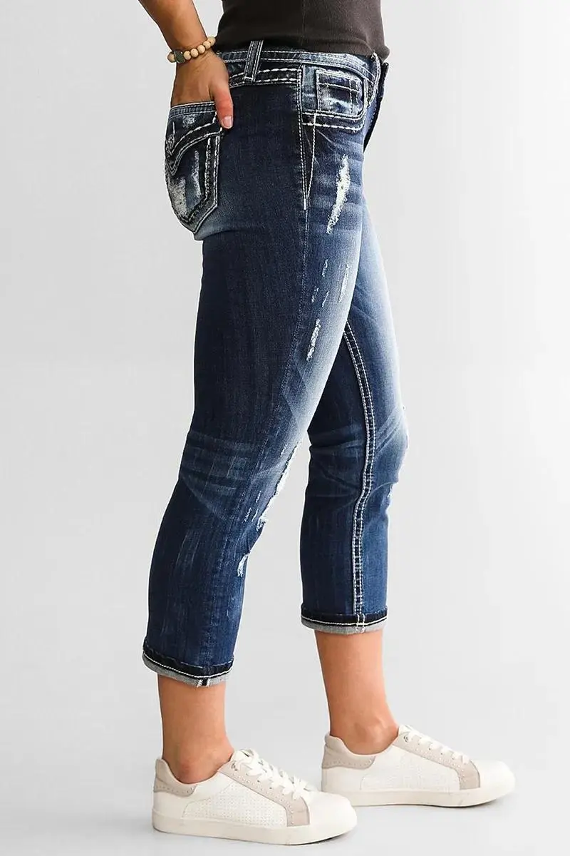 Ripped Washed Roll Hem Mid Waist Cropped Jeans