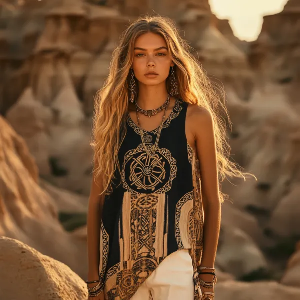 Women's Viking Tribal Ethnic Art Linen V-neek Sleeveless Top