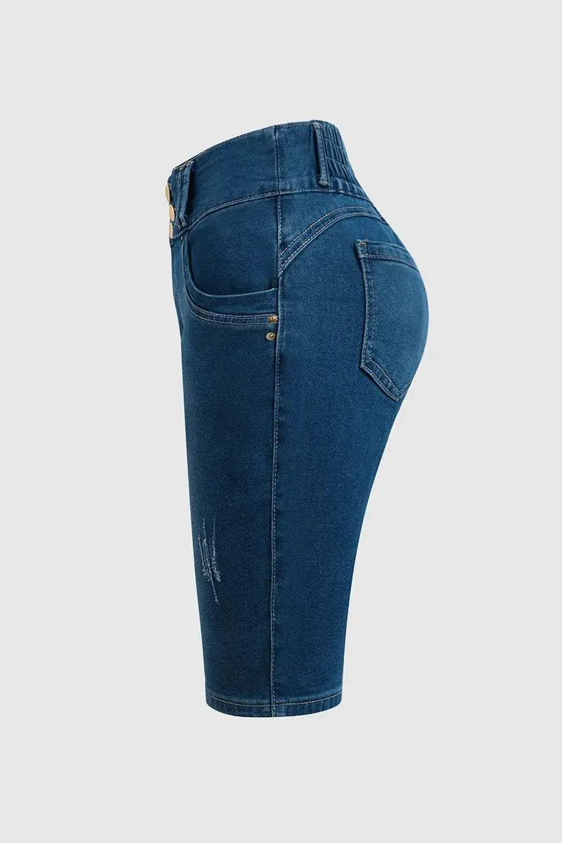 Wash Button Up Elastic High Waist Denim Bermuda Shorts